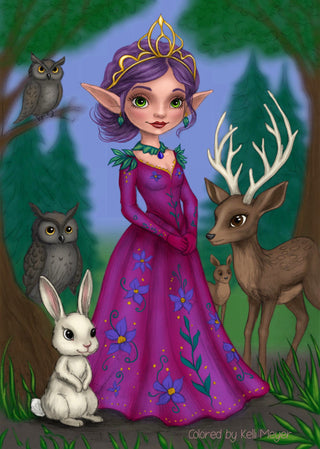 Grayscale Coloring Page, Elf with Forest Animals. The Queen Elf and Her Woodland Family