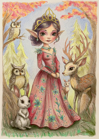 The Queen Elf and Her Woodland Family - Grayscale coloring page version 5, printable adult coloring art by Julia Spiri