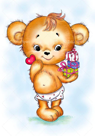 Coloring page. The Teddy and Gift