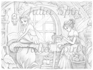 Grayscale Coloring Page, Fairy Tale Fairies. Tinker Bell’s Sisters Sweet Home