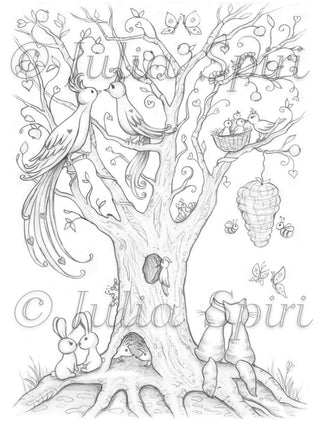 Tree of Love - Printable grayscale coloring page for adults by Julia Spiri, instant download
