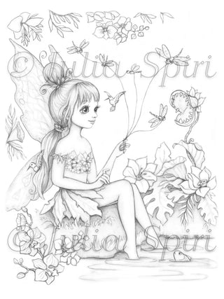 Tropical Fairy - Printable grayscale coloring page for adults by Julia Spiri, instant download