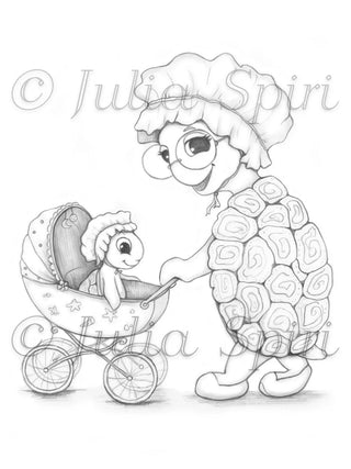 Turtle Grandma with grandchild - Printable grayscale coloring page for adults by Julia Spiri, instant download