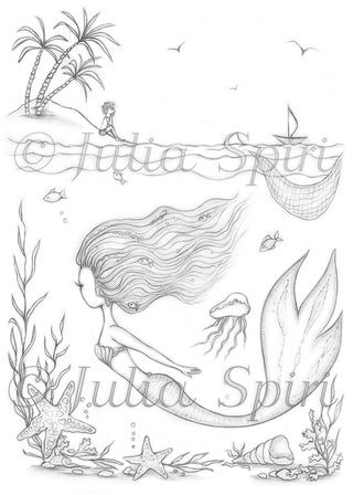 Coloring Page, Mermaid in Sea and Men on the Beach. Two Worlds