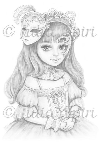 Grayscale Coloring Page, Girl with Mask in Venice. Venetian Reverie