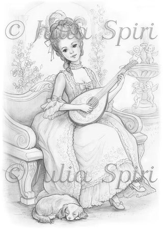 Versailles Afternoon - Printable grayscale coloring page for adults by Julia Spiri