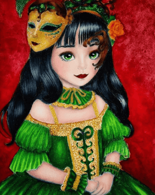 Grayscale Coloring Page, Girl with Mask in Venice. Venetian Reverie