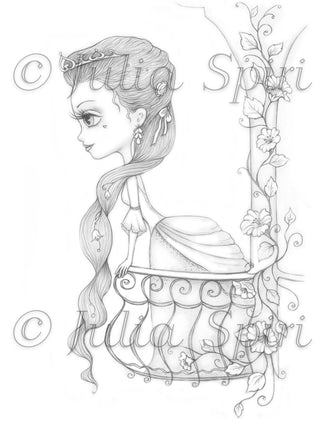 Princess Coloring Page, Digital stamp, Dig, Vintage Girl, Old dress, Rustic, Balcony, Crafting, Fantasy Fairytale. Waiting for the prince - The Art of Julia Spiri