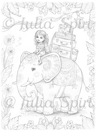 Grayscale Coloring Page. A girl travels on an elephant in a tropical forest. Where Dreams Begin to Travel