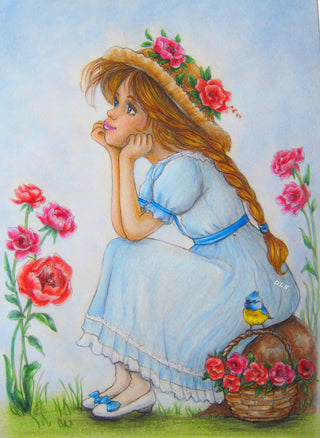 Grayscale Coloring Page. Dreamer Girl in Garden. Where Dreams Bloom