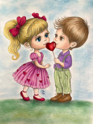 Whimsical Little Boy and Girl in Love - Grayscale Coloring Page: Sweet Love in Little Steps. colored 2