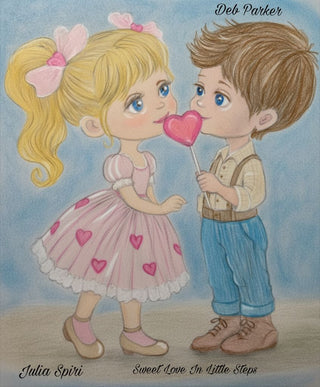 Whimsical Little Boy and Girl in Love - Grayscale Coloring Page Sweet Love in Little Steps. colored 3