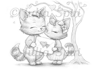 Grayscale Coloring Page. Kittens in Love with a Love Letter. Whiskers in Love