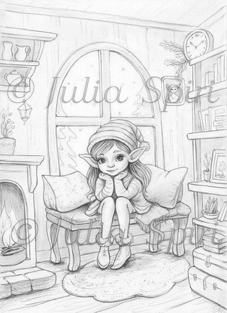 Grayscale Coloring Page, Whimsy Winter Elf in Cozy Home. Winter Mood