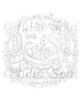 Grayscale Coloring Page. Cute Squirrel and Her Babies in Their Sweet Home. Woodland Lullaby