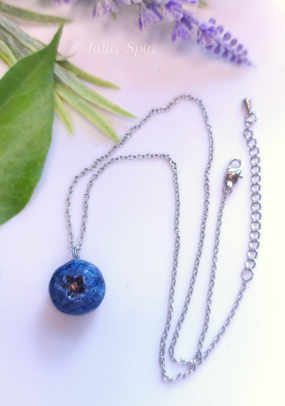 Handmade polymer clay blueberry pendant necklace on a stainless steel chain, by Julia Spiri