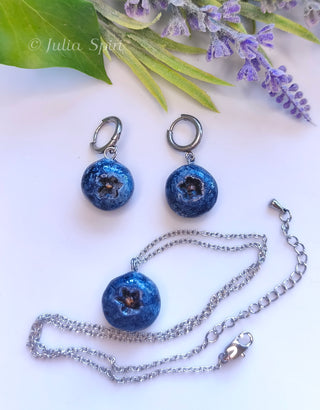 Handmade polymer clay blueberry jewelry set showing matching huggie earrings and necklace pendant  – by Julia Spiri