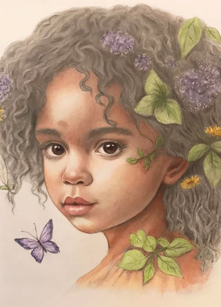 Página para colorear en escala de grises, Retrato de fantasía de niña con flores. Bonny