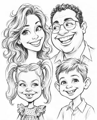 Caricatura de familia de cuatro personas dibujada a mano en blanco y negro