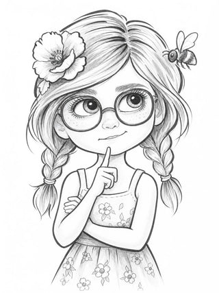 Caricatura de niña con gafas, trenzas y flor en el pelo