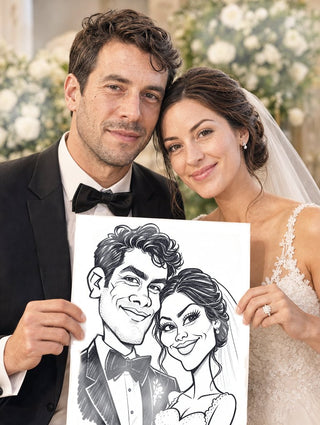 Novios sosteniendo su caricatura dibujada en vivo el día de su boda