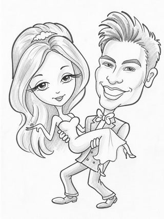Caricatura de novio llevando a la novia en brazos