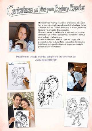 Caricaturas en Vivo para Bodas y Eventos — Julia Spiri, artista e ilustradora graduada en Bellas Artes con más de 25 años dedicados al dibujo, ofrece caricaturas en vivo para bodas y celebraciones