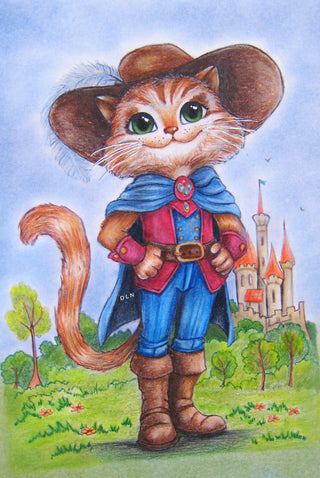 Grayscale Coloring Page, Fairy Tale Cat. Puss in Boots