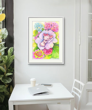 Grayscale Coloring Page. Original Watercolor Painting. A Hydrangea Bed for the Sleeping Sweet Mouse