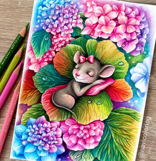 A Hydrangea Bed for the Sleeping Sweet Mouse - Beautiful colored version by Julia Spiri, printable grayscale coloring page