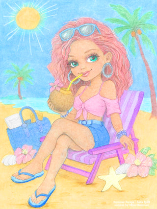 Grayscale coloring page Summer Escape by Julia Spiri – girl on beach chair with palm trees and coconut drink, colored