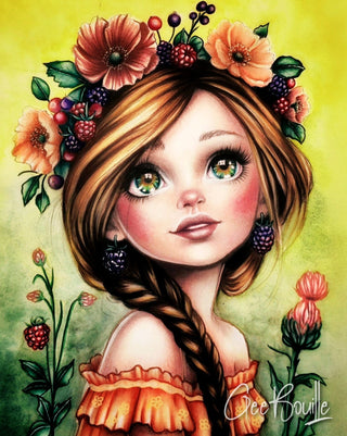coloring page Summer and Berry Sweet – fantasy girl with berry crown and wildflowers by Julia Spiri. colored