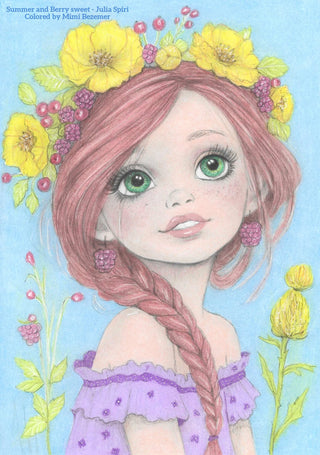 coloring page Summer and Berry Sweet – fantasy girl with berry crown and wildflowers by Julia Spiri. colored 2