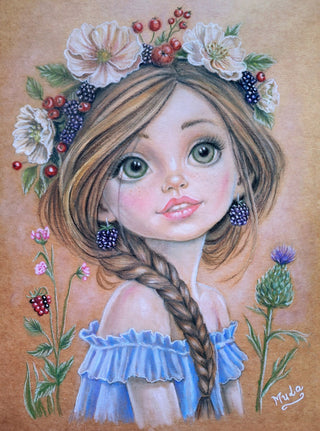coloring page Summer and Berry Sweet – fantasy girl with berry crown and wildflowers by Julia Spiri. colored