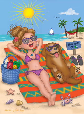 coloring page featuring a girl and her puppy sunbathing on a beach towel, with seashells, a crab, and a Beach Mode ON sign – digital download by Julia Spiri. colored