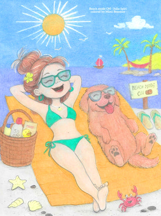 Grayscale Coloring Page, Sunny Girl with Dog Sunbathing. Beach Mode: ON