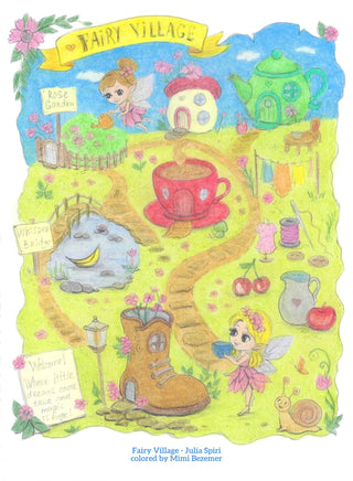 coloring page of a whimsical fairy village map featuring a teapot cottage, mushroom house, teacup home, boot house, Whisper Bridge, Rose Garden fairy, snail, cherries, and a welcome sign — hand-drawn by Julia Spiri