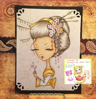 Coloring Page, Whimsy Geisha and Spring Sakura. Geisha and Cherry Blossom