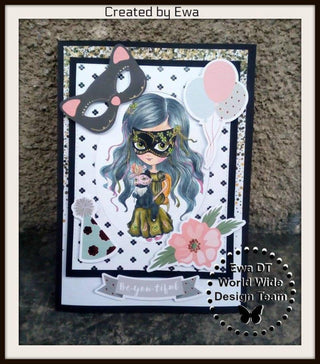 Coloring page, Whimsy Girl with Cat. The Venetian Girl