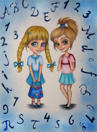 Coloring Page, Girls Back to School. School friends - The Art of Julia Spiri