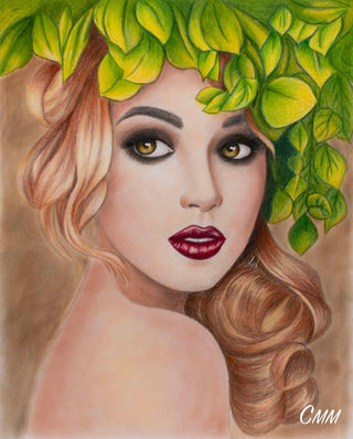 Grayscale Coloring Page, Girl Portrait with Leaves. Fleur - The Art of Julia Spiri