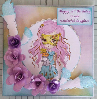 Coloring page, Whimsy Girl with Cat. The Venetian Girl