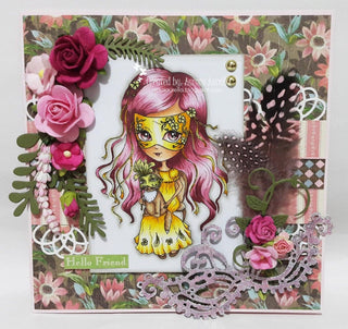 Coloring page, Whimsy Girl with Cat. The Venetian Girl