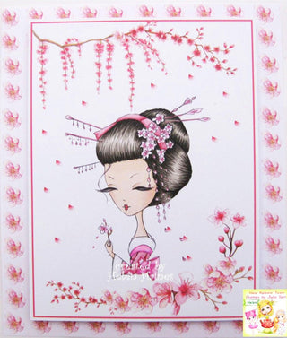 Coloring Page, Whimsy Geisha and Spring Sakura. Geisha and Cherry Blossom