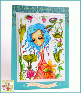 Coloring page, Girl with carnivorous flowers. Exotic Flowers