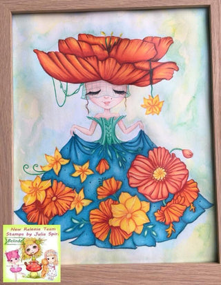 Dibujos para colorear, niña con ropa de flores de fantasía. El vestido de flores