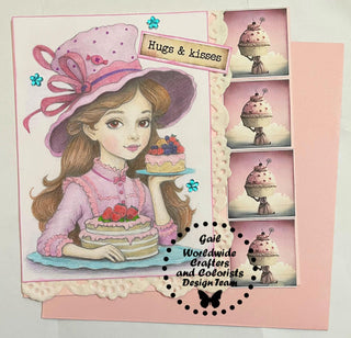 Grayscale Coloring Page, Whimsy Girl with Cakes. Sweet Temptation