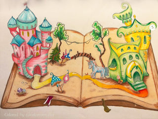 Página para colorear, castillo, unicornio, manguera de fantasía. libro magico