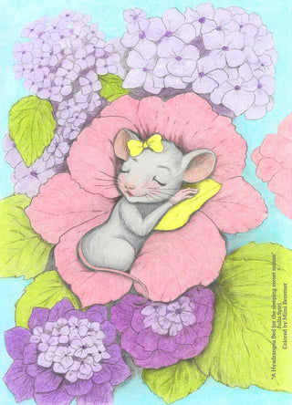 A Hydrangea Bed for the Sleeping Sweet Mouse - High-quality printable art, grayscale coloring page for relaxation