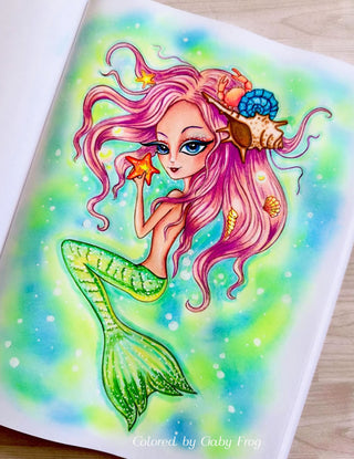 Grayscale Coloring Page, Little Mermaid in Ocean. Oceania Mermaid